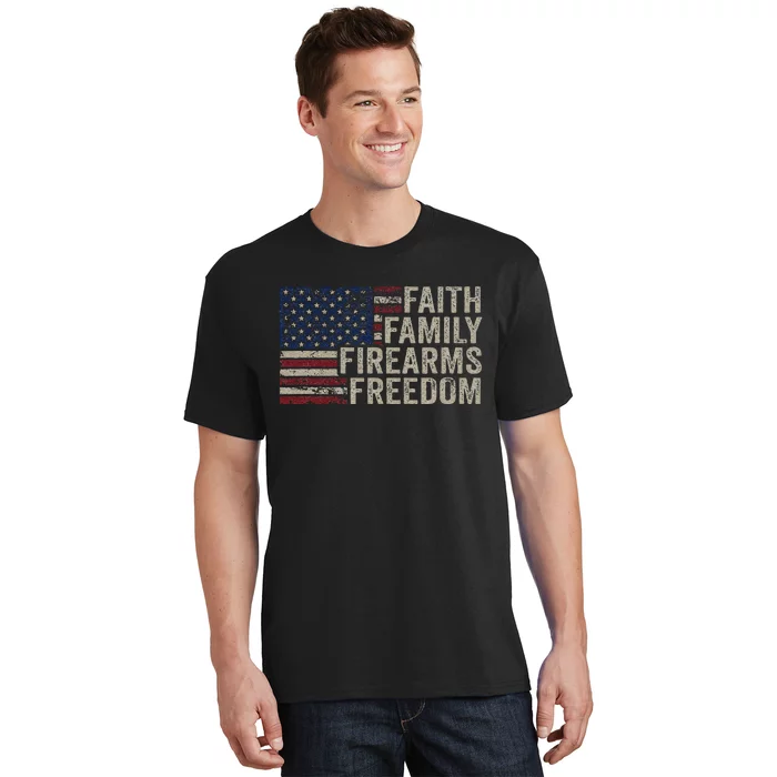 Faith Family Firearms & Freedom American Flag Pro God Guns T-Shirt