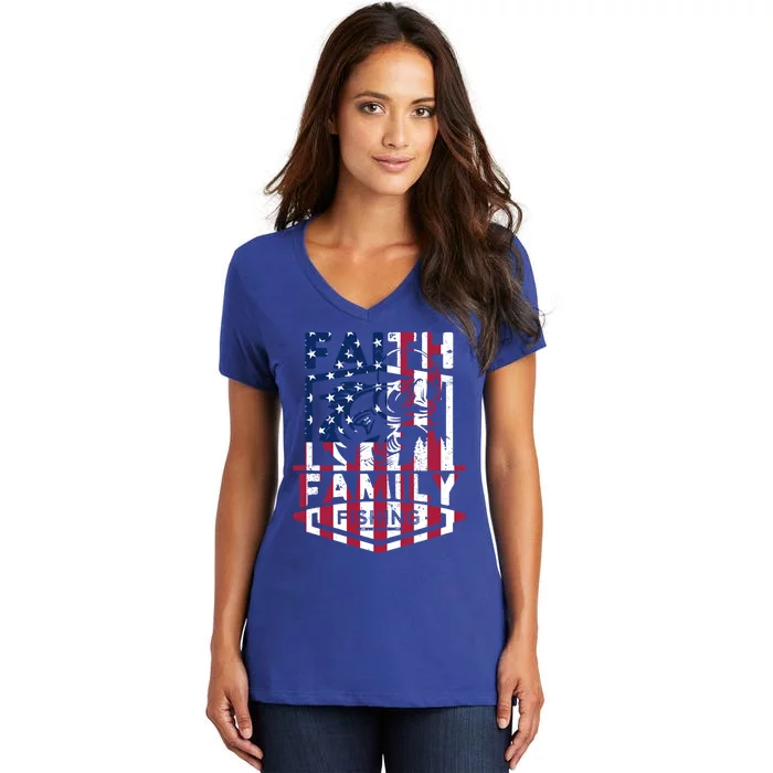 Faith Family Fishing Quotes American Flag Cool Gift Women's V-Neck T-Shirt