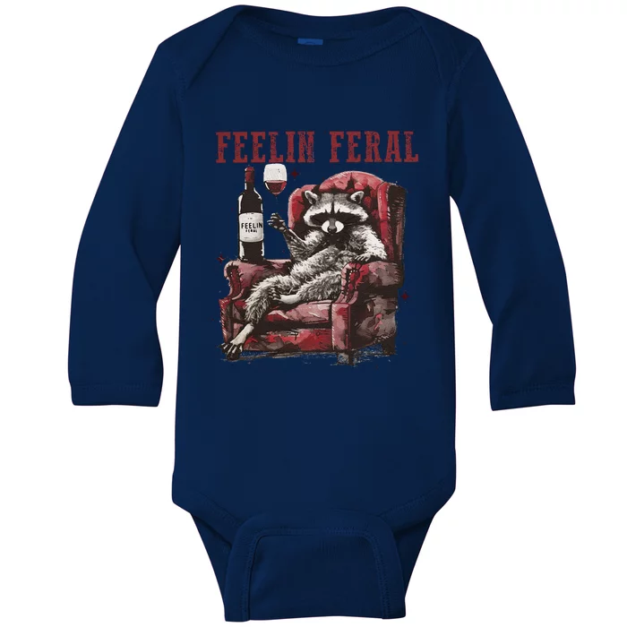 Feelin Feral Funny Sarcastic Snarky Funny Raccoon Baby Long Sleeve Bodysuit