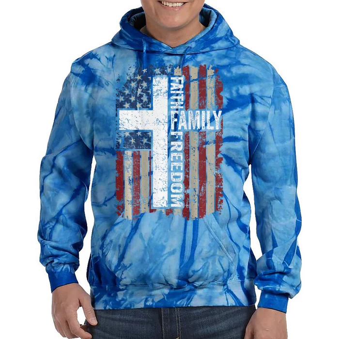 Faith Family Freedom Christian Vintage USA Flag ON BACK Tie Dye Hoodie