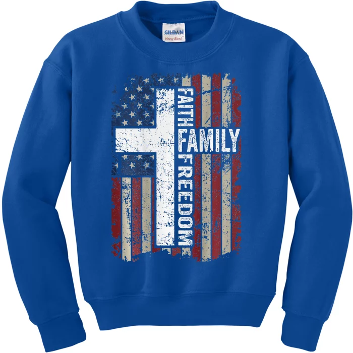 Faith Family Freedom Christian Vintage USA Flag ON BACK Kids Sweatshirt