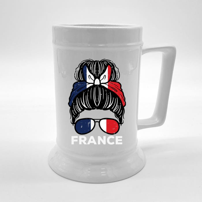 France Flag French Girl Hairbun Football Soccer Fan Wo Front & Back Beer Stein