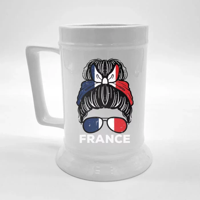 France Flag French Girl Hairbun Football Soccer Fan Wo Front & Back Beer Stein