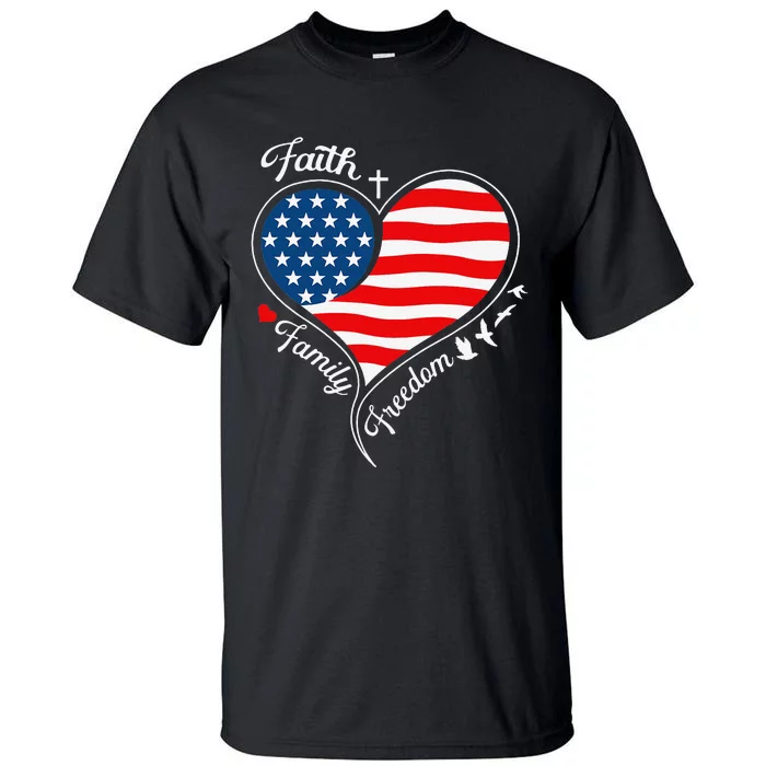 Faith Family Freedom Patriotic Cross Heart American Flag Tall T-Shirt