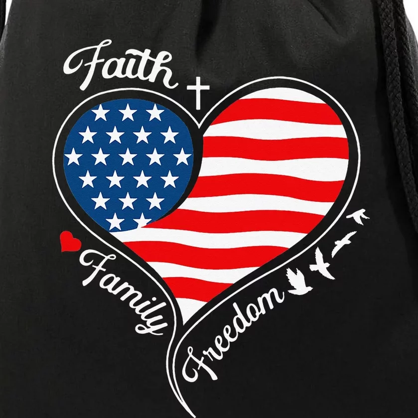 Faith Family Freedom Patriotic Cross Heart American Flag Drawstring Bag