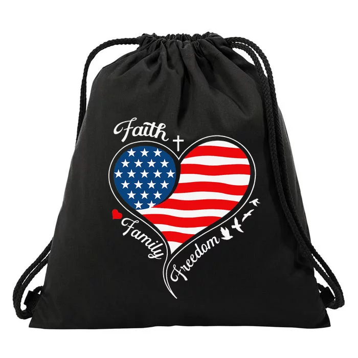 Faith Family Freedom Patriotic Cross Heart American Flag Drawstring Bag