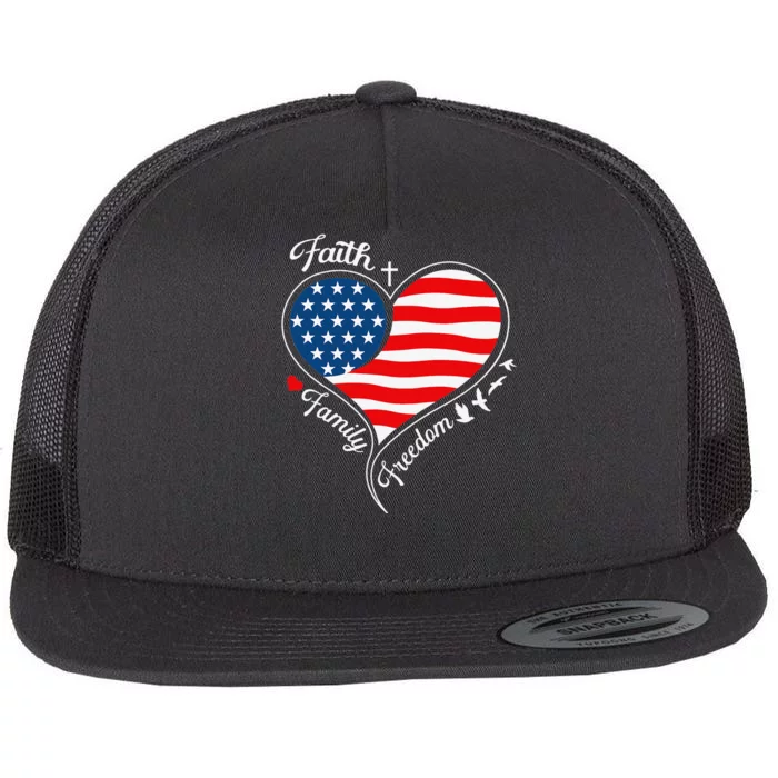 Faith Family Freedom Patriotic Cross Heart American Flag Flat Bill Trucker Hat