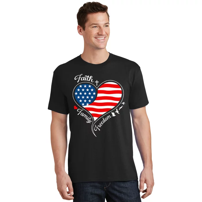 Faith Family Freedom Patriotic Cross Heart American Flag T-Shirt