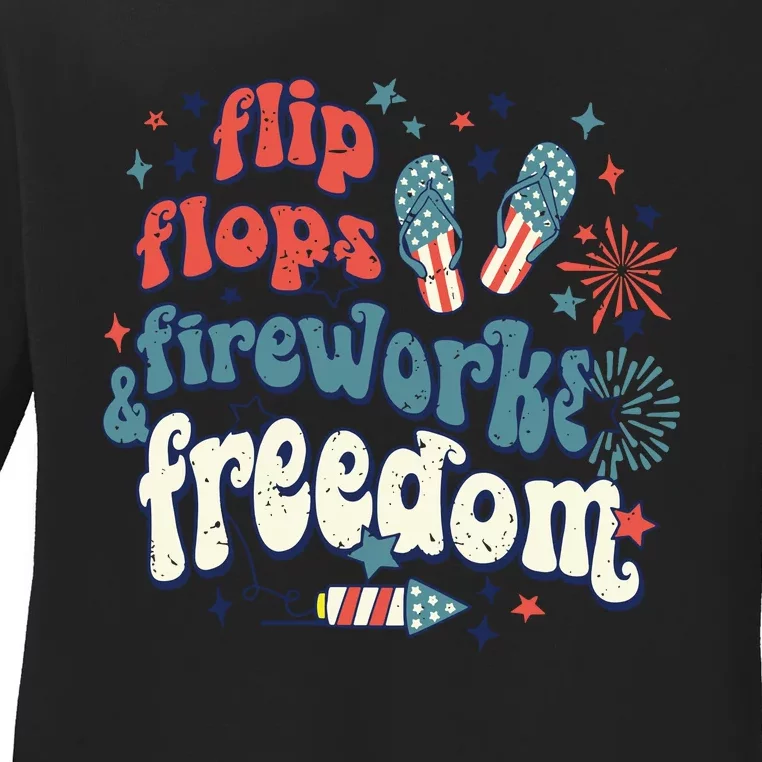 Flip Flops Fireworks Freedom Fourth Of July Ladies Long Sleeve Shirt