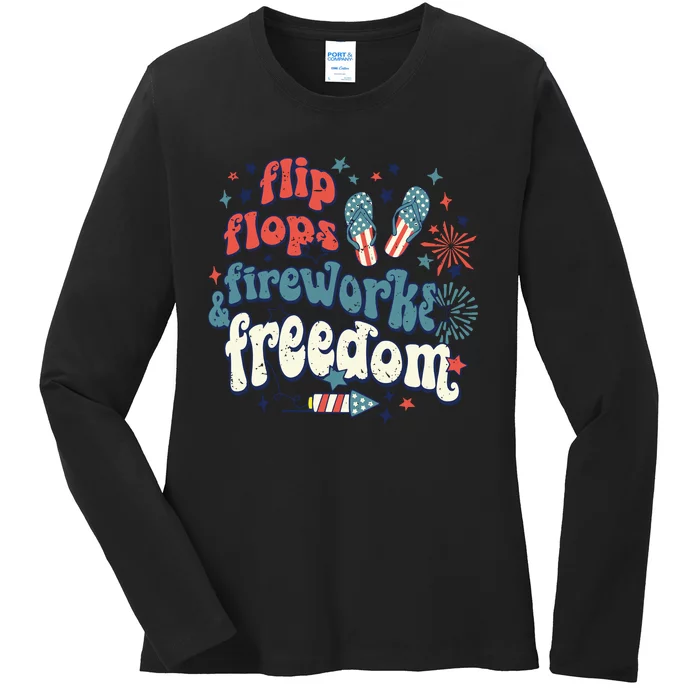 Flip Flops Fireworks Freedom Fourth Of July Ladies Long Sleeve Shirt