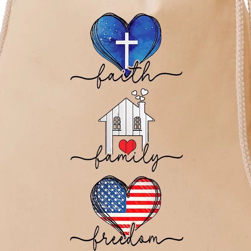 Faith Family Freedom Hearts 4th Of July Patriotic Flag Drawstring Bag