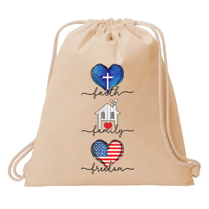 Faith Family Freedom Hearts 4th Of July Patriotic Flag Drawstring Bag