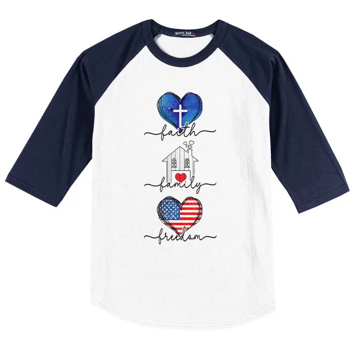 Faith Family Freedom Hearts 4th Of July Patriotic Flag Baseball Sleeve Shirt