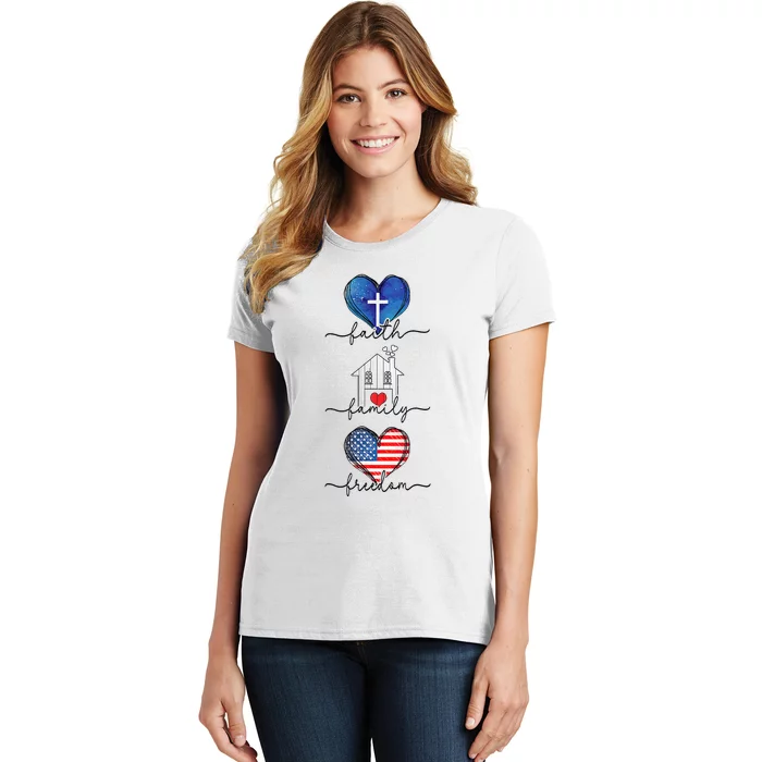 Faith Family Freedom Hearts 4th Of July Patriotic Flag Women's T-Shirt