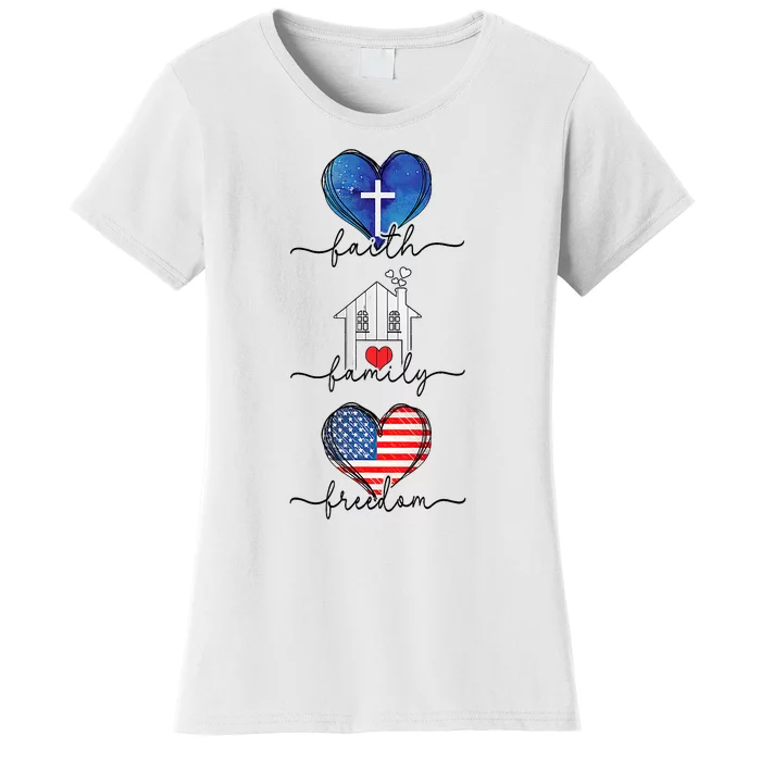 Faith Family Freedom Hearts 4th Of July Patriotic Flag Women's T-Shirt