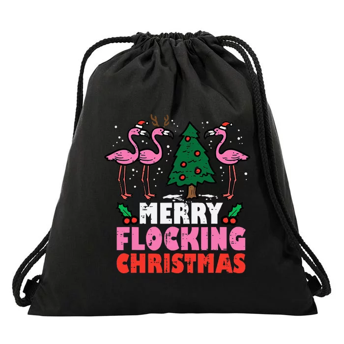 Festive Flamingo Flock Hilarious Christmas Celebration Drawstring Bag