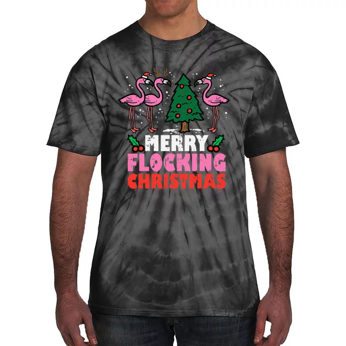 Festive Flamingo Flock Hilarious Christmas Celebration Tie-Dye T-Shirt