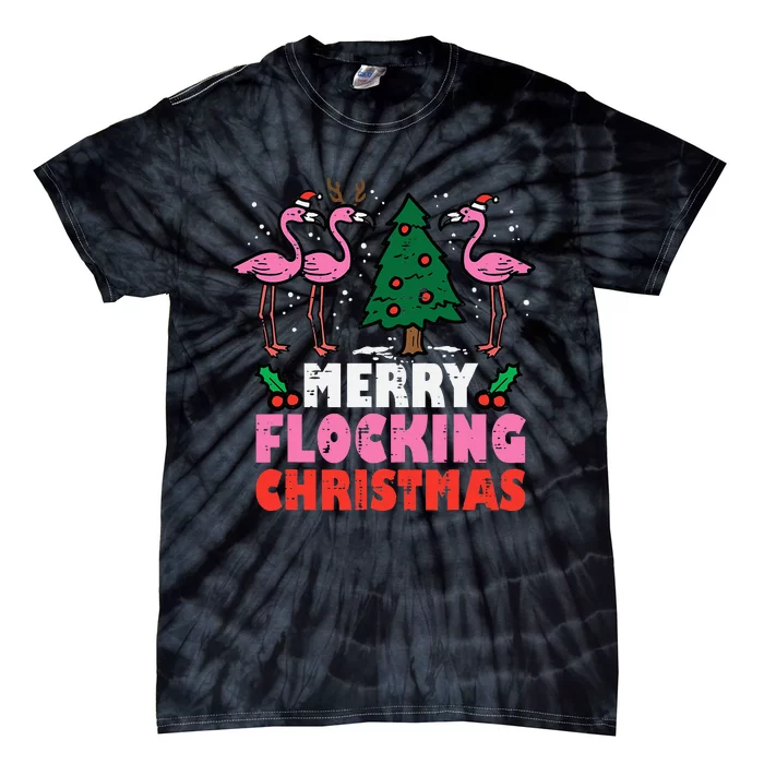 Festive Flamingo Flock Hilarious Christmas Celebration Tie-Dye T-Shirt