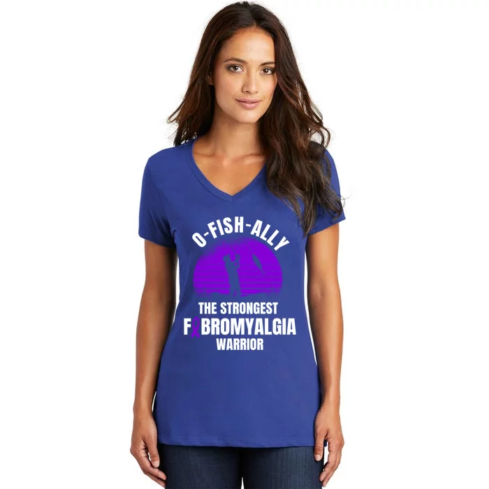 Funny Fishing Fibromyalgia Warrior Fisher Purple Ribbon Gift Women's V-Neck T-Shirt