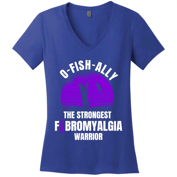 Funny Fishing Fibromyalgia Warrior Fisher Purple Ribbon Gift Women's V-Neck T-Shirt