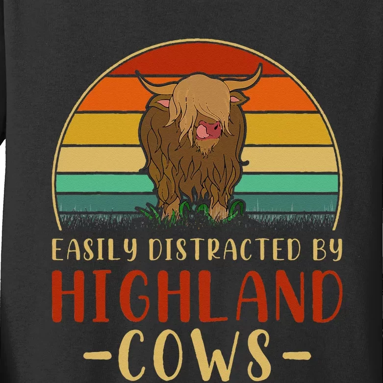 Funny Farming Farmer Gift Easily Distracted By Highland Cow Kids Long Sleeve Shirt