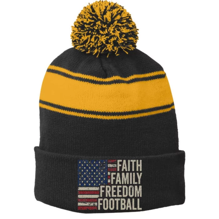 Faith Family Freedom Football Vintage American Flag Player Stripe Pom Pom Beanie