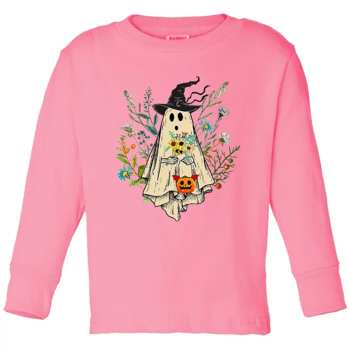 Funny Floral Ghost Cute Boo Scary Vintage Halloween Spooky Toddler Long Sleeve Shirt