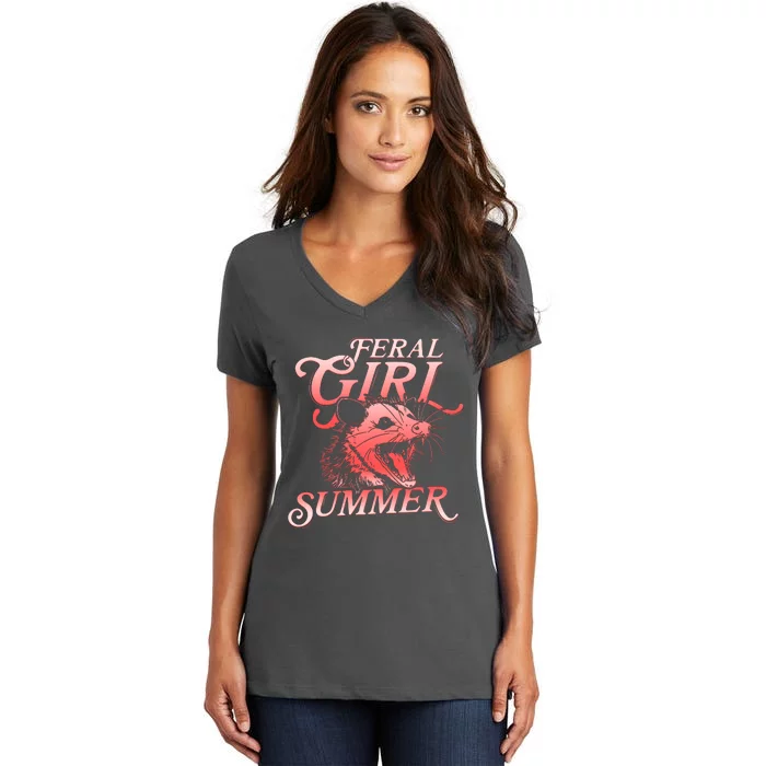 Funny Feral Girl Summer Opossum Women's V-Neck T-Shirt