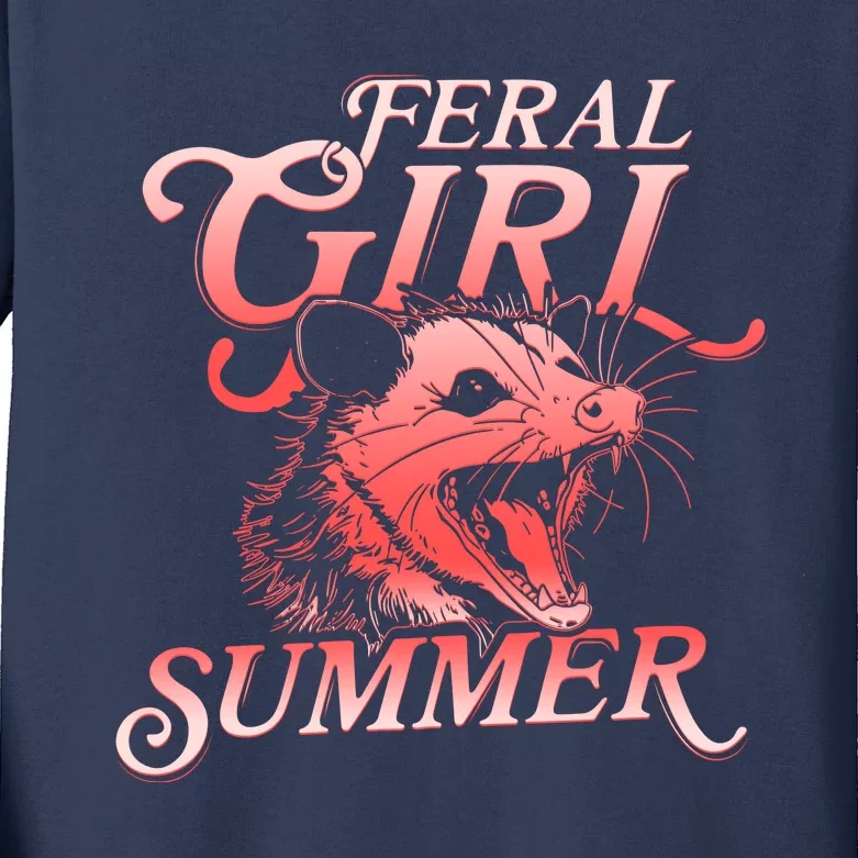 Funny Feral Girl Summer Opossum Kids Long Sleeve Shirt