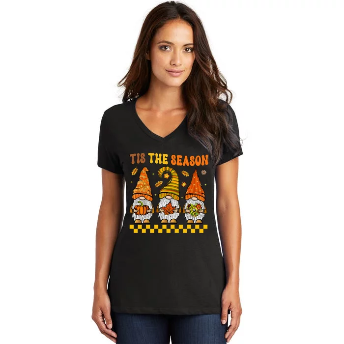 Festive Fall Gnomes Celebrate Thanksgiving with Style Women's V-Neck T-Shirt