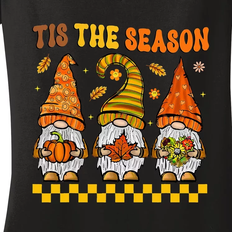 Festive Fall Gnomes Celebrate Thanksgiving with Style Women's V-Neck T-Shirt