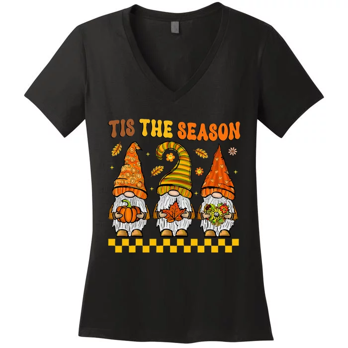 Festive Fall Gnomes Celebrate Thanksgiving with Style Women's V-Neck T-Shirt