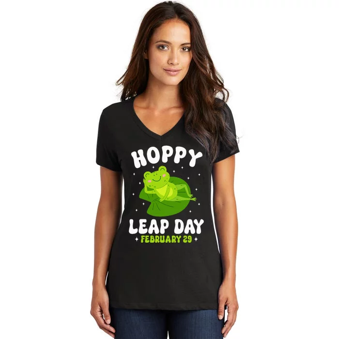 Funny Frog Hoppy Leap Day February 29 Birthday Leap Year Women's V-Neck T-Shirt