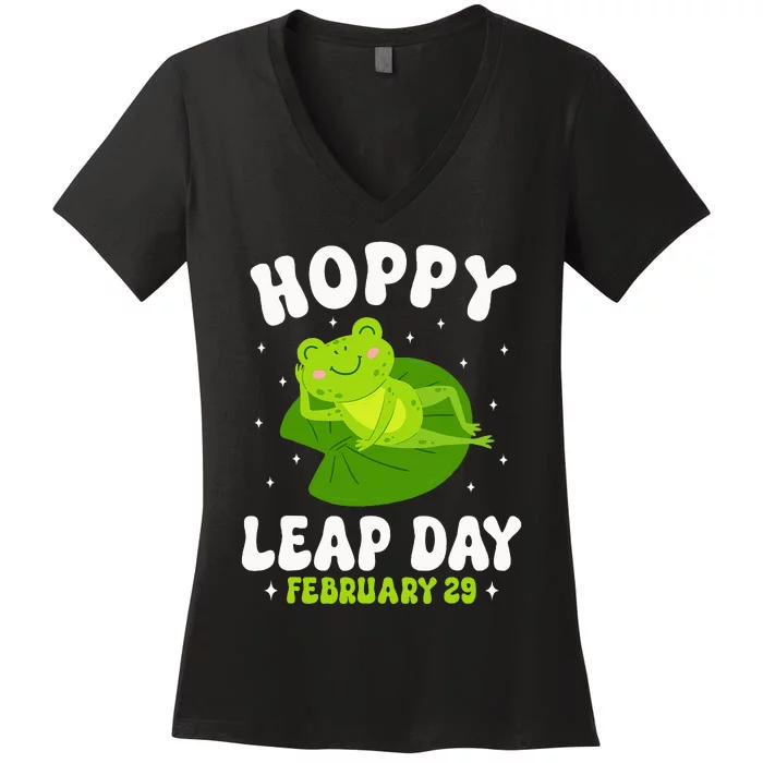 Funny Frog Hoppy Leap Day February 29 Birthday Leap Year Women's V-Neck T-Shirt