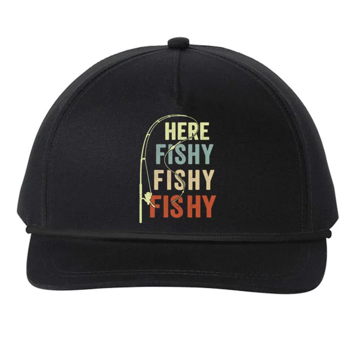 Funny Fishing Here Fishy Vintage Fishing Pole Gift Snapback Five-Panel Rope Hat