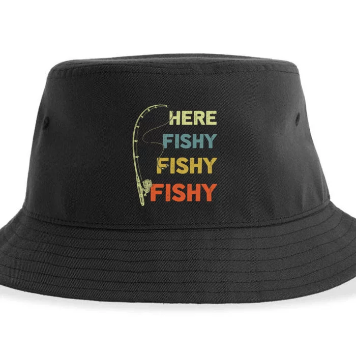 Funny Fishing Here Fishy Bass Funny Dad Fisherman Sustainable Bucket Hat