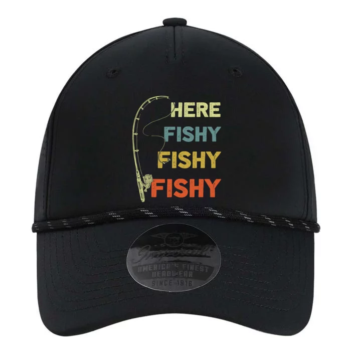 Funny Fishing Here Fishy Bass Funny Dad Fisherman Performance The Dyno Cap