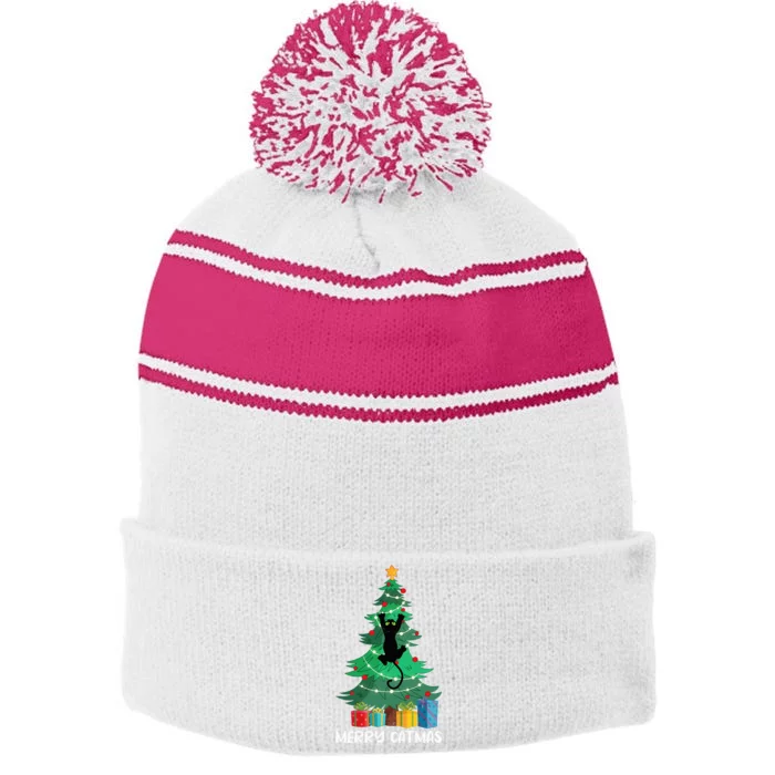 Festive Feline Holiday Celebration Stripe Pom Pom Beanie