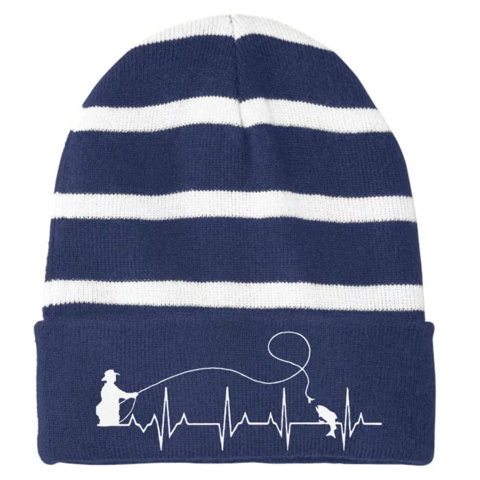 Fly Fish Heartbeat Fish EKG Trout Fishing Stress Relief Art Striped Beanie with Solid Band