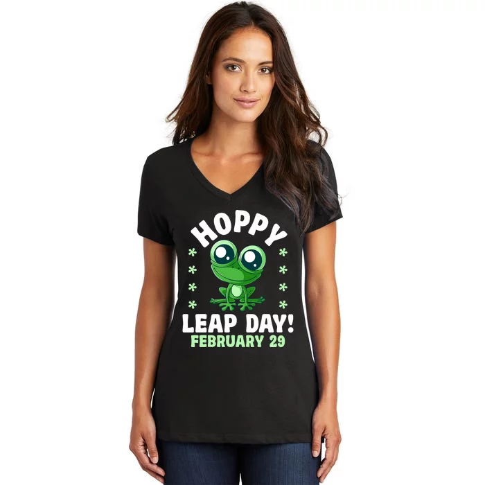 Funny Frog Hoppy Leap Day February 29 Birthday Leap Year Women's V-Neck T-Shirt