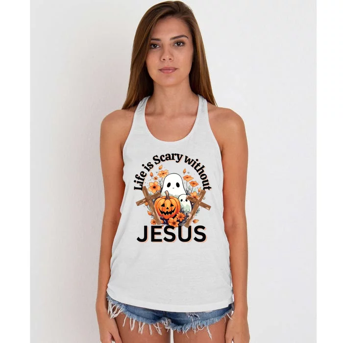 Funny Fall Halloween Christian Life Is Scary Without Jesus Women's Knotted Racerback Tank