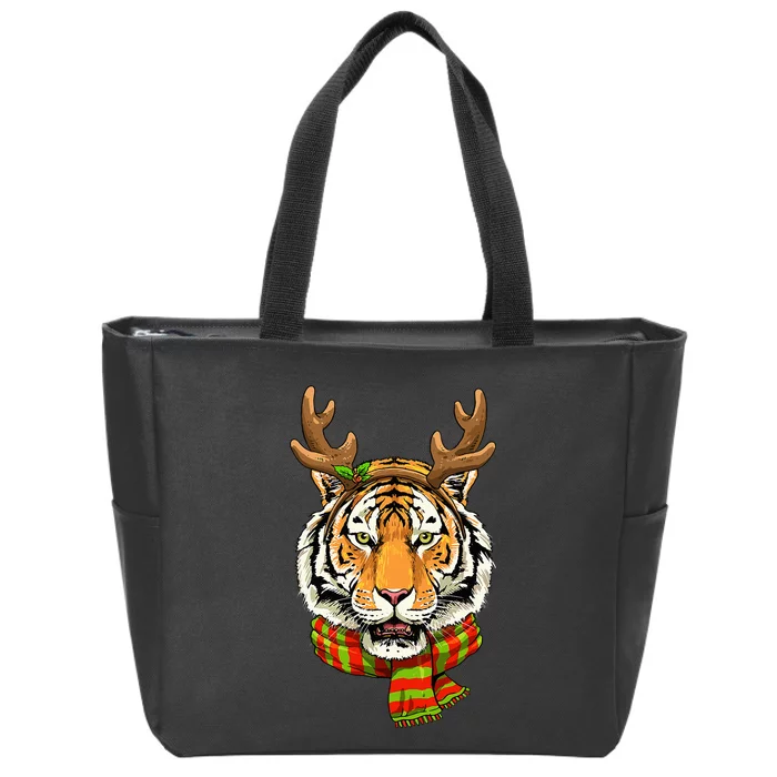 Festive Feline Holiday Lover Christmas Tiger Cat & Santa Reindeer Zip Tote Bag