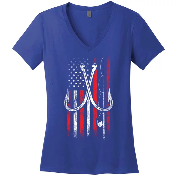 Fisher Fishing Hooks Proud American Flag Fishing Great Gift Women's V-Neck T-Shirt