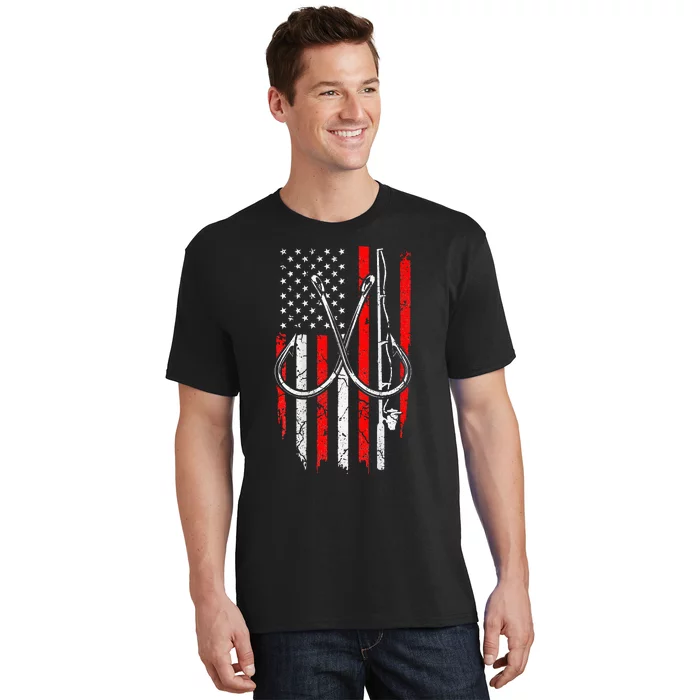 Fisherman Fishing Hooks Proud American Flag Fishing T-Shirt