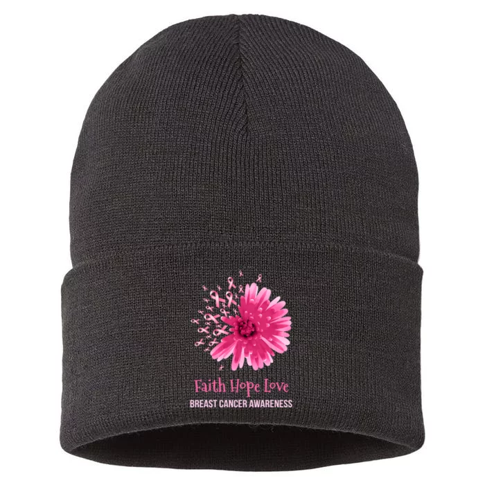 Flower Faith Hope Love Funny Breast Cancer Awareness Sustainable Knit Beanie