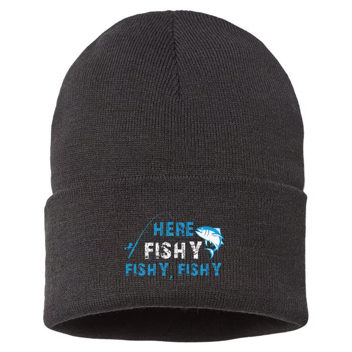 Funny Fisherman Here Fishy Fishing Sustainable Knit Beanie