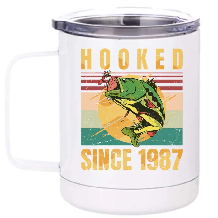 Fishing Fisherman Hooked Since 1987 Vintage Retro Gift Front & Back 12oz Stainless Steel Tumbler Cup