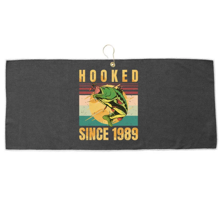 Fishing Fisherman Hooked Since 1989 Vintage Retro Gift Large Microfiber Waffle Golf Towel