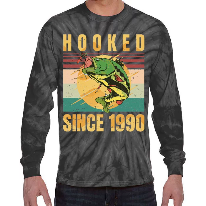 Fishing Fisherman Hooked Since 1990 Vintage Retro Gift Tie-Dye Long Sleeve Shirt