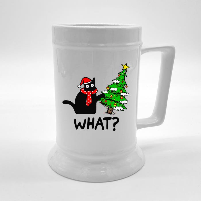 Festive Feline Holiday Decor Hilarious Black Cat with Santa Hat Front & Back Beer Stein